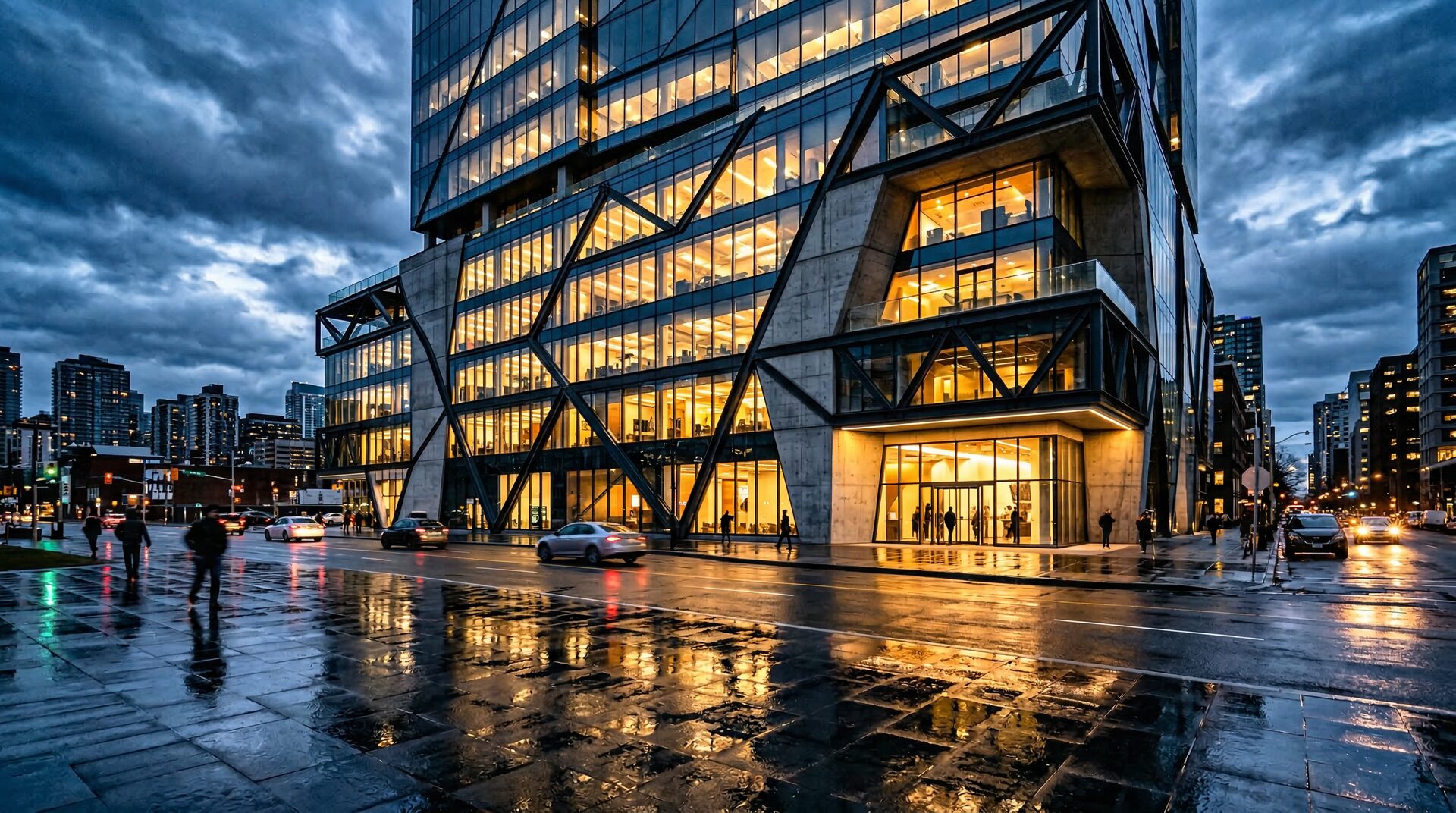 Modern commercial building at twilight